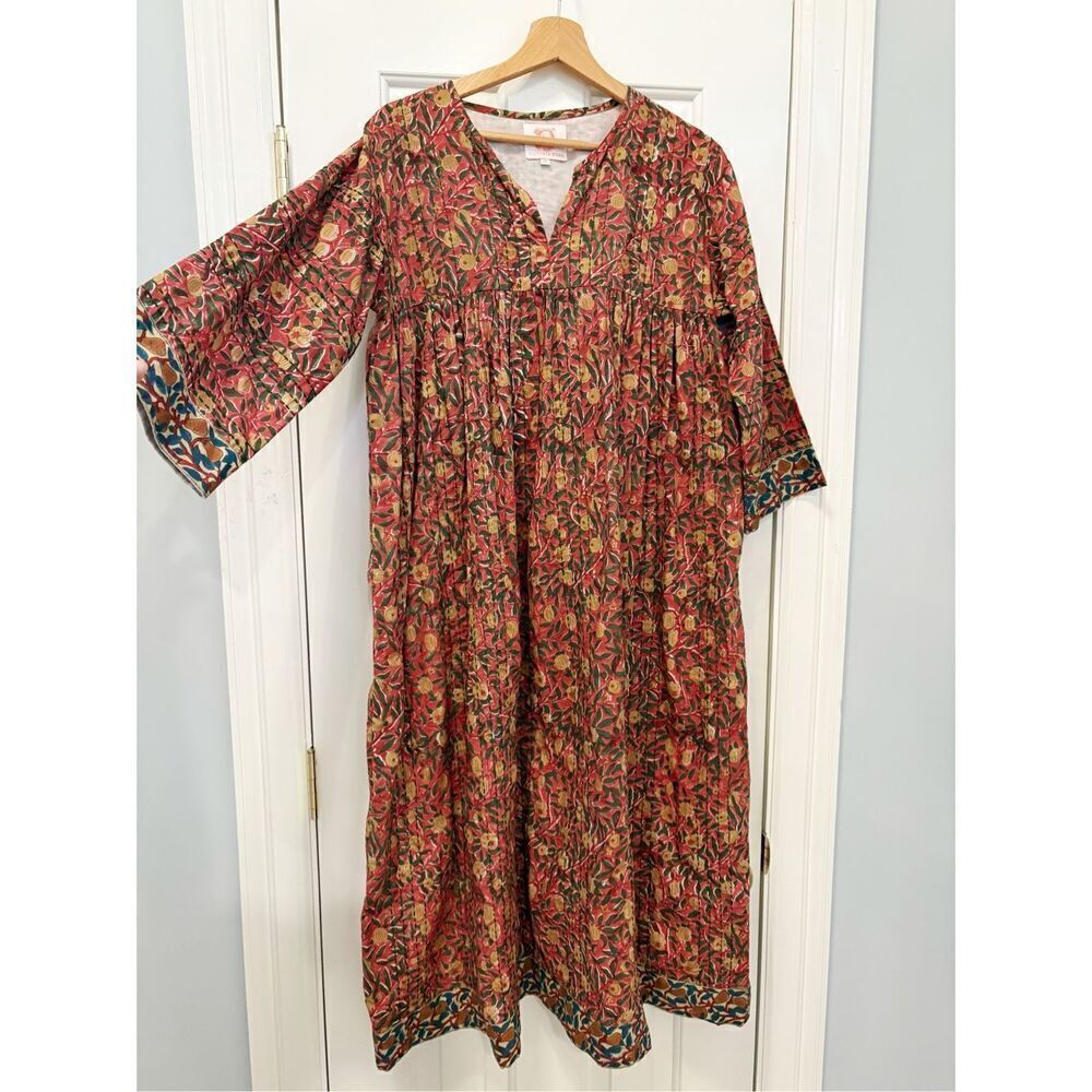 Victoria Dunn Block Print Flroal Dress Caftan Size XS